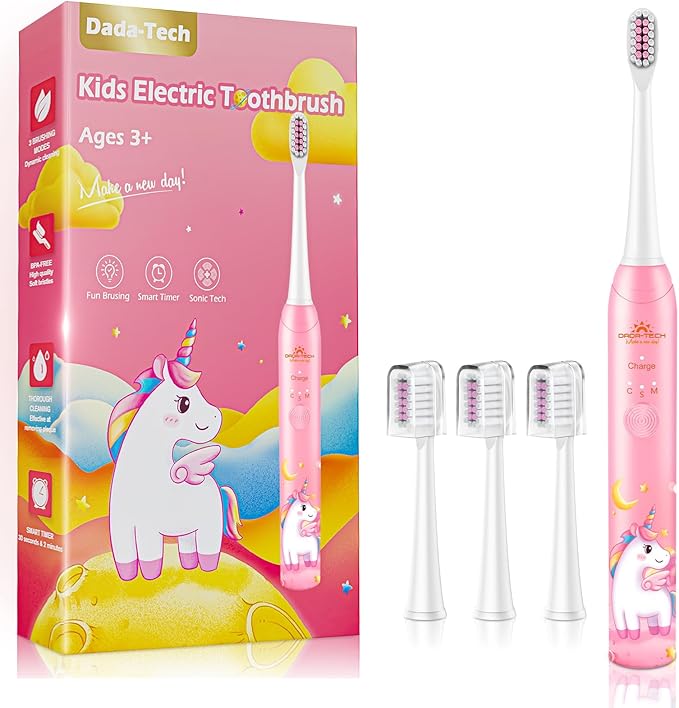 Kids Electric Toothbrush Rechargeable Age 3-5-6-12-18 Year Old, Girls Electric Toothbrush with Timer 3 Modes 4 Vibrating Heads Habit-Forming Stickers 31000VPM Girls Toothbrush (Unicorn Pink)