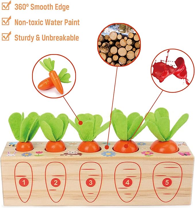 Xylolin Montessori Toys for Toddlers 1-3, Carrots Shapes Sorting and Matching Game Wooden Toys, Fine Motor Skill Early Learning Preschool Educational Toys Gifts for 1 2 3 Year Old Boys Girls