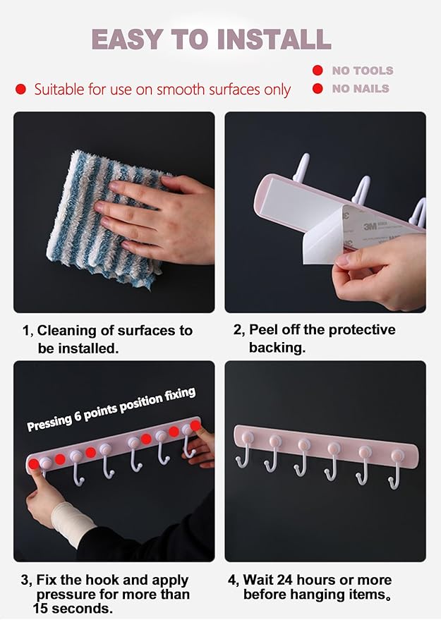 Kids Coat Rack Wall Mount, Adhesive Wall Hooks with 6 Rotating Hooks for Hanging Clothes Cooking Towels, Pink Decorative Hangers for Girls Bedroom, Bathroom, Office (Pink 2 Pack)