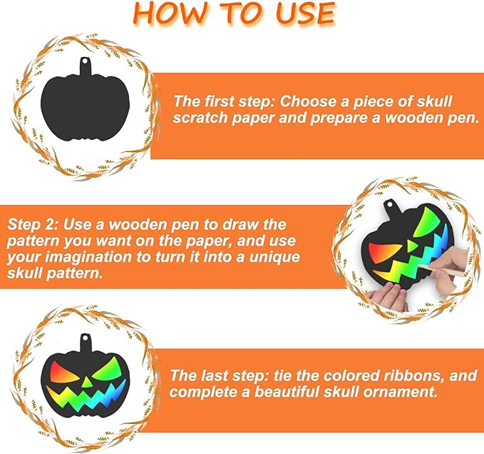 48 Pieces Halloween Scratch Crafts for Kids, DIY Rainbow Magic Scratch Paper, Bat Pumpkin Halloween Haunted House Arts and Crafts Ornaments Decoration for Halloween Activity Party Favor