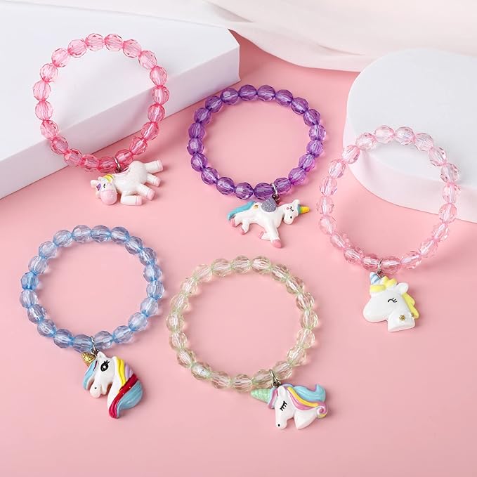 5pc Colorful Unicorn Bracelet, Little Girl Animal Bracelets, Teens Kids Owl Pendant Beaded Bracelet Girl Party Favor Pretend Play Bracelet