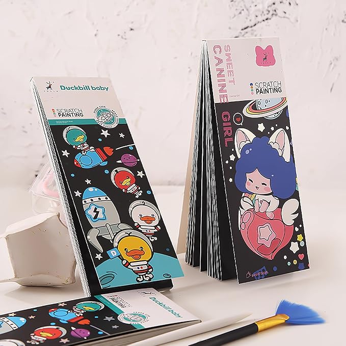 40 Card Rainbow Sparkle Scratch Painting Note, Hand-Eye Coordination Art&Crafts, Mini Magic Scratch DIY Graffiti Creative Bookmarks Gift for Kids&Adults, 8.5''x3.2'' (Canine Girl/Duckbill Baby Space)