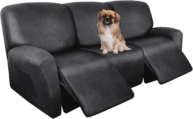 Recliner Couch Cover Leather Look Recliner Sofa Covers for 3 Cushion Reclining Sofa Slipcovers 8-Pieces Furniture Protector Spandex Fabric Washable (3 Seater, 01 Dark Gray)