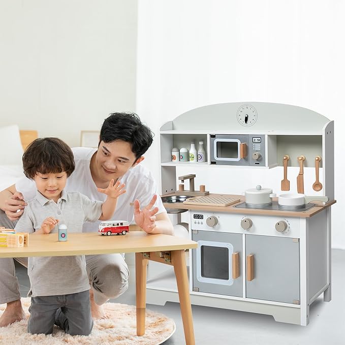 Kids White Wooden Play Kitchen Sink Microwave Oven Stoves Cabinet Shelf Interactive Turning Knob Clock Little Chef Storage Kitchenware Plates Pans Cutting Board Spice Bottles Knife Spatula