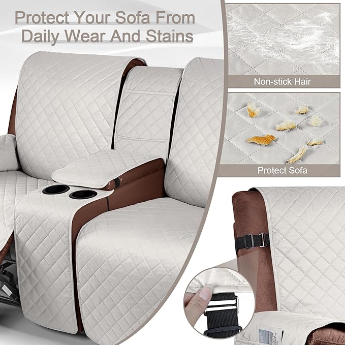KinCam 100% Waterproof Recliner Loveseat Cover with Console, Non-Slip Reclining Couch Covers for 2 Seat, Recliner Sofa Cover Furniture Protector with Elastic Straps for Kids, Pets, Beige