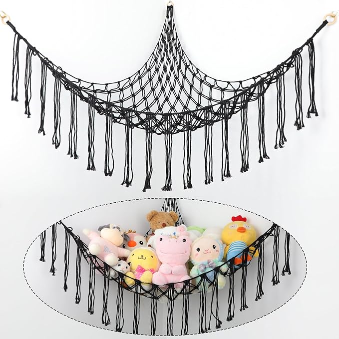 Boho Stuffed Animals Net or Hammock Large,55 inch Toy Hammock Macrame Stuff Animal Storage Corner Hanging Net Holder,Mesh Hammock Plush Toy Organizer with Hooks for Bedroom,Nursery (Black)