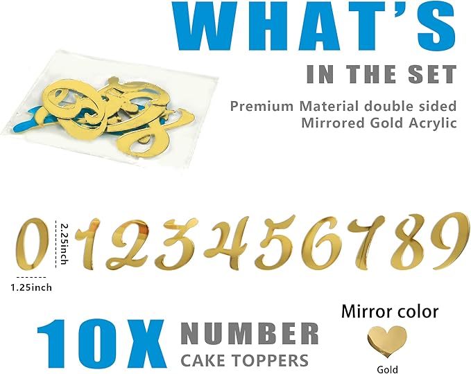 Acrylic Number Cake Topper DIY Cupcake Toppers with 0-9 Numbers Mirrored Gold Picks for Wedding Cake Decorations Happy Birthday Baby Shower Party Supplies (Number)