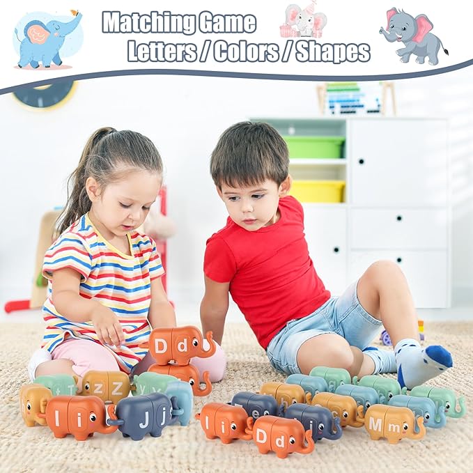 13PCS Elephant Alphabet Learning Toys for Toddlers 2-4, Toddler Preschool Learning Activities, Educational Montessori Toys for 2 Year Old, Double Sided Matching Game A-Z