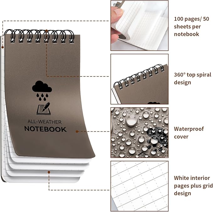 3 Pack Waterproof Notebook, 3 x 5 Pocket Notepad, All Weather Small Pocket Notebook Stone Paper, Mini Spiral Notepad Police Notepad 100 Lined Pages for Outdoor Office
