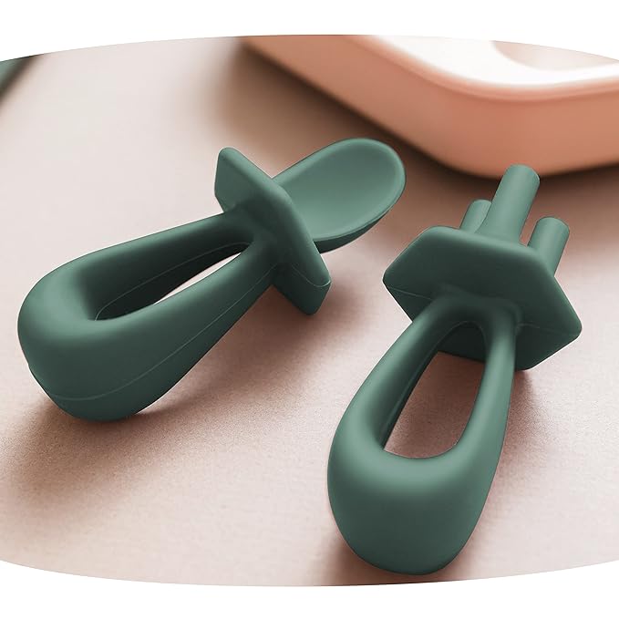 Tiny Twinkle Silicone Training Utensils - Baby Spoons and Baby Forks For Self-Feeding Training - Silicone Baby Led Weaning Utensils For Toddlers And Babies 6-24 Months - Baby Feeding Supplies (Olive)