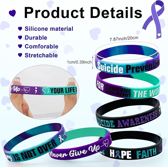 60 Pcs Suicide Prevention Awareness Accessories Bulk Include 30 World Suicide Prevention Day Hope Faith Bracelets and 30 Teal Purple Ribbon Semicolon Round Badges for Suicide Awareness and Prevention