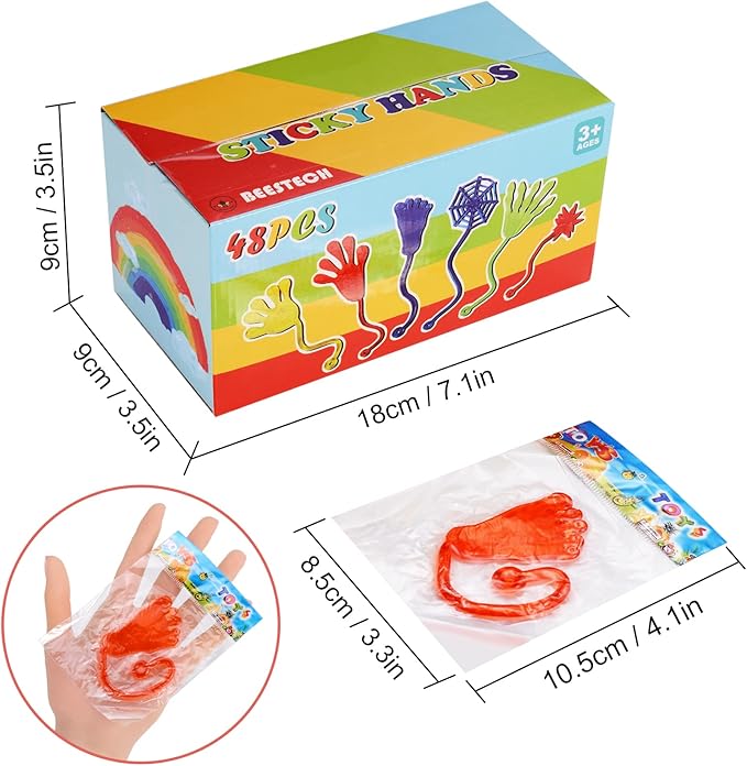 48 Pack Sticky Hands Party Favors, 6 Types Goodie Bag Stuffers, Teacher Treasure Box Prizes, Classroom Rewards, Piñata Fillers, Bulk Party Favors Gift for Boys Girls (Random Color)