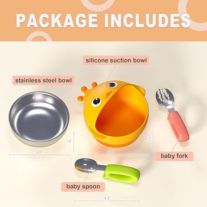 Suction Bowls Set for Baby Feeding，Yellow Duck Silicone Suction Baby Bowl and Food-Grade 304 Stainless Steel Bowl with Fork and Spoon,Dishwasher Safe