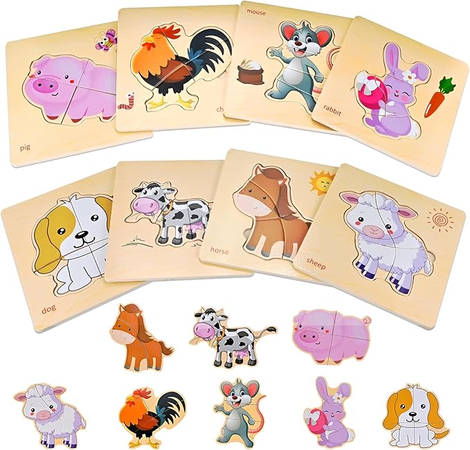 8pcs Wooden Puzzles for Toddlers 1 2 3 4, Toddler Puzzles Ages 1 2 3 4, Montessori Educational Jigsaw Toys Puzzles Christmas Birthday Gift for Kids Girl Boy 1-4 Year Old (Farm Animal)
