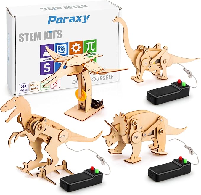 Poraxy 4 Pack Dinosaur Toys for Kids 8-12, STEM Kits, Toys for Ages 8-13, Wooden 3D Puzzle, Educational Science Building Projects Crafts, Birthday Gifts for Boys Girls 7 8 9 10 11 12 13 Years Old