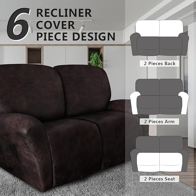 Loveseat Recliner Slipcover Large Size Oversized - 6 Pieces Stretch Leather Like Recliner Sofa Cover for 2 Seat Dual Reclining Loveseat Couch Furniture Protector (Chocolate)