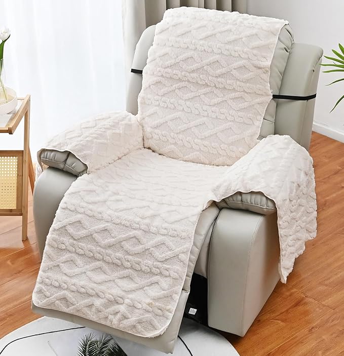 vctops Geometric Jacquard Plush Recliner Chair Cover Soft Fuzzy Fluffy Reclining Chair/Furniture Protector with Elastic Straps for Kids, Pets(Cream,21.7")