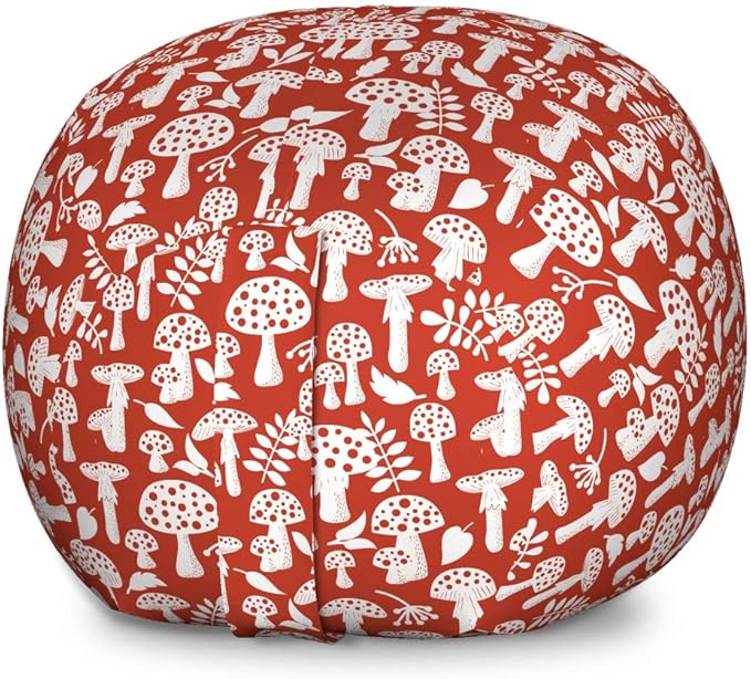 Ambesonne Mushroom Storage Toy Bag Chair, Amanita Pattern Leaves Berries Poisonous Plants Cartoon Style, Stuffed Animal Organizer Washable Bag, Large Size, Sienna White