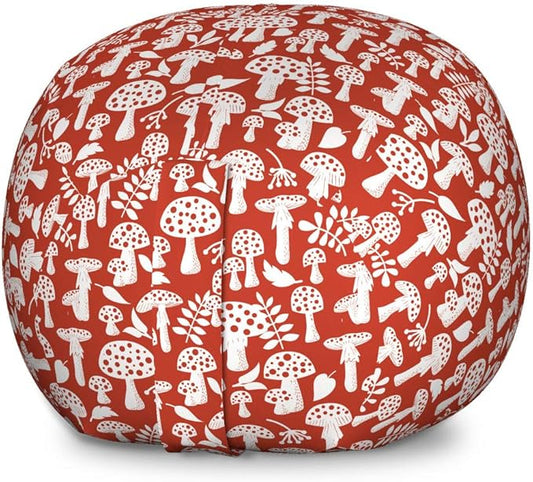 Ambesonne Mushroom Storage Toy Bag Chair, Amanita Pattern Leaves Berries Poisonous Plants Cartoon Style, Stuffed Animal Organizer Washable Bag, Large Size, Sienna White