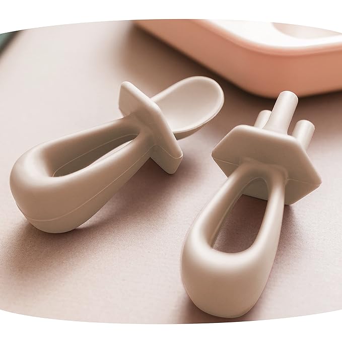 Tiny Twinkle Silicone Training Utensils - Baby Spoons and Baby Forks For Self-Feeding Training - Silicone Baby Led Weaning Utensils For Toddlers And Babies 6-24 Months - Baby Feeding Supplies (Sand)