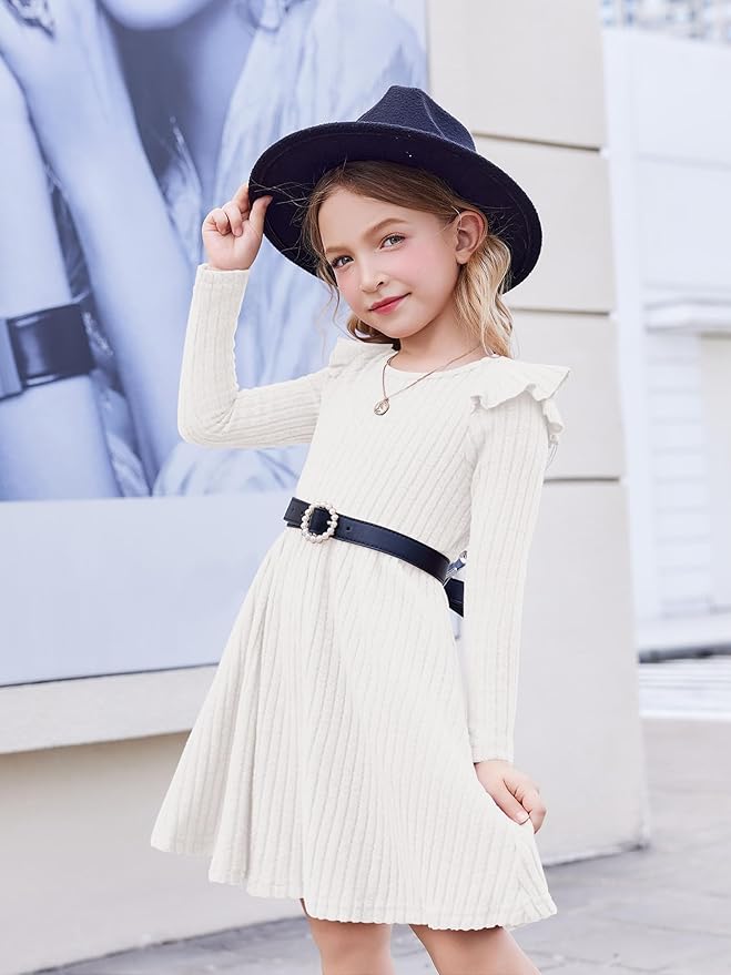 Arshiner Toddler Girl Dress Baby Girls Knitted Ruffle Sleeve Pocket Dresses A-Line Flared Fall Winter Clothes for 2-8 Years