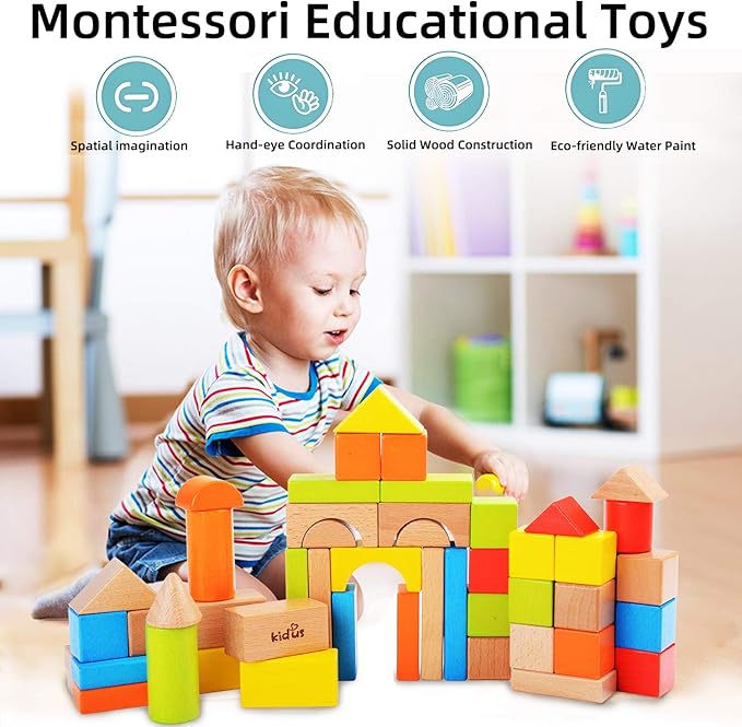 80pcs Wooden Building Blocks Set for Toddlers - Natural & Colorful Stacking Blocks with Carrying Bag - Educational Preschool Montessori Learning Toys - Perfect for Kids Ages 18 Months up