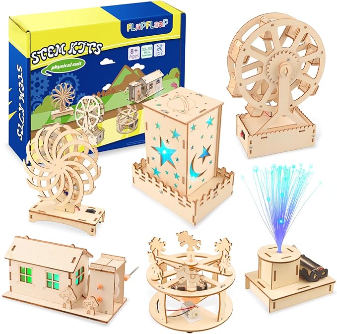 6-in-1 STEM Kits for Kids Age 8-12, Educational STEM Toys for Boys and Girls, Wooden Building Kit for Kids STEM Science Experiments Kit, Ideal Christmas Birthday Gifts for 8 9 10 11 12 13 Year Old