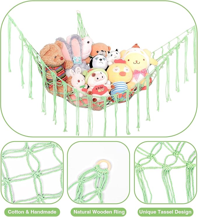 Boho Stuffed Animals Net or Hammock Large,55 inch Toy Hammock Macrame Stuff Animal Storage Corner Hanging Net Holder,Mesh Hammock Plush Toy Organizer with Hooks for Bedroom,Nursery (Deep Green)