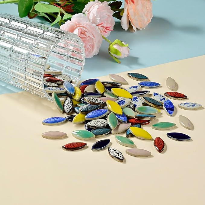 70 Pcs Petal Ceramics Mosaic Tiles for Crafts, Stained Ceramics Mosaic Supplies, Flower Leaves Mosaic Ceramics Pieces Kit for DIY Crafts Plates Picture Frames Home Decorations - Green