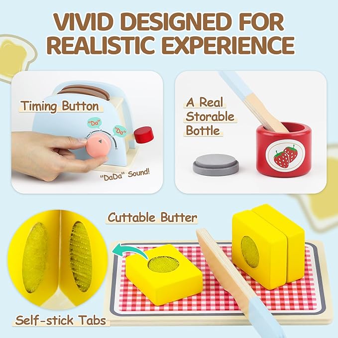 Airlab Play Kitchen Accessories Toddlers 1-3 Wooden Pop-up Toaster Toy Play Food Kids Age 1 2 3, Bread, Butter, Poached Egg Cutting Pretend Toys for 2-4 Year Old Toddlers Boys Girls