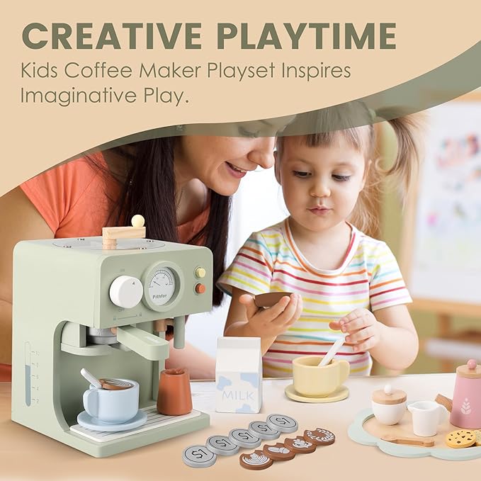 Kids Wooden Coffee Maker Toy with Grinder, Pretend Play Kitchen Appliances & Accessories Toy Gift for Kids Toddlers Boys Girls