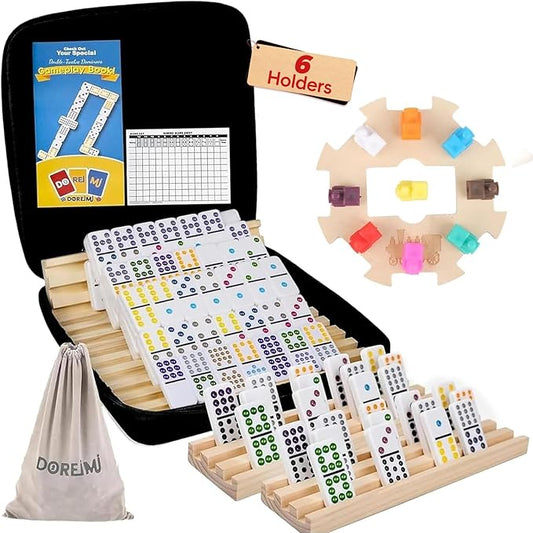 Mexican Train Dominoes Set with 6 Wooden Racks, Double 12 Colored Dot Dominoes with Update Hub, Travel Domino Train Game with 91 Tiles and Portable Carry Case, Family Board Team Games