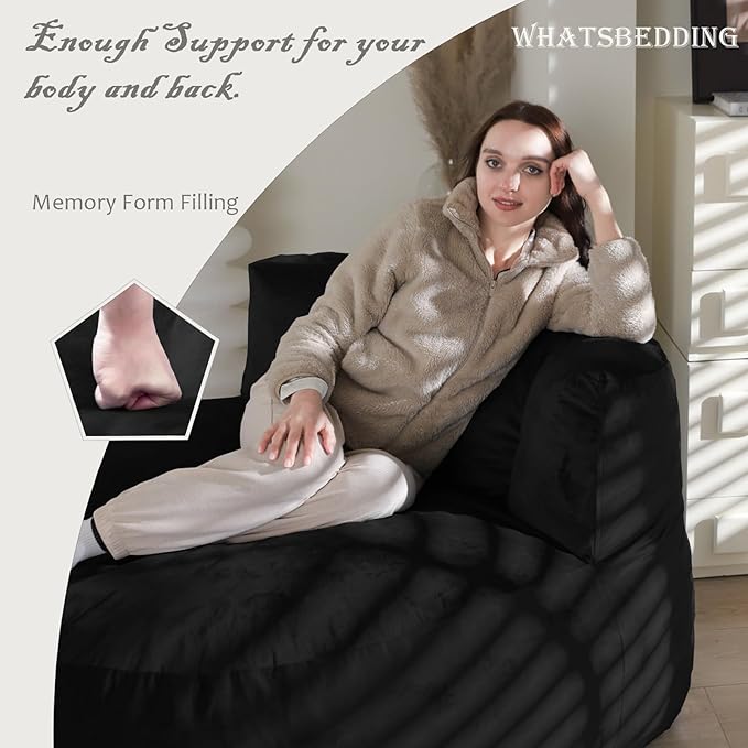 WhatsBedding 5FT Bean Bag Chair for Adults,Kids & Teenagers Bean Bags Giant with Memory Foam Filled,Beanbag Chairs Large Sofa with Dutch Velvet Cover(Black,Large,Back Support)