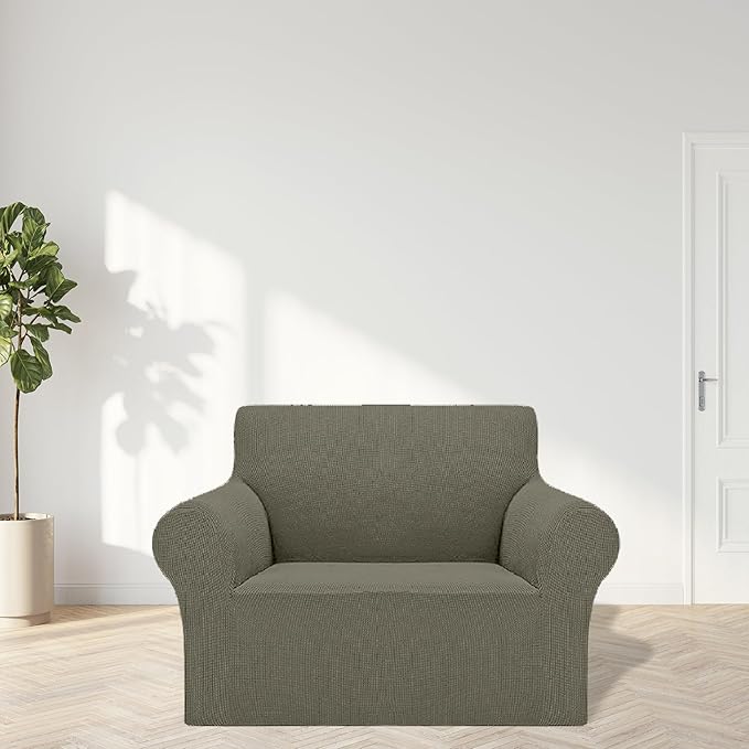 2025 New Stretch Chair Sofa Slipcovers Couch Cover for 1 Seater Furniture Protector Sofa Covers with Elastic Bottom Jacquard Fabric Small Checks for Pets, Kids - Khaki