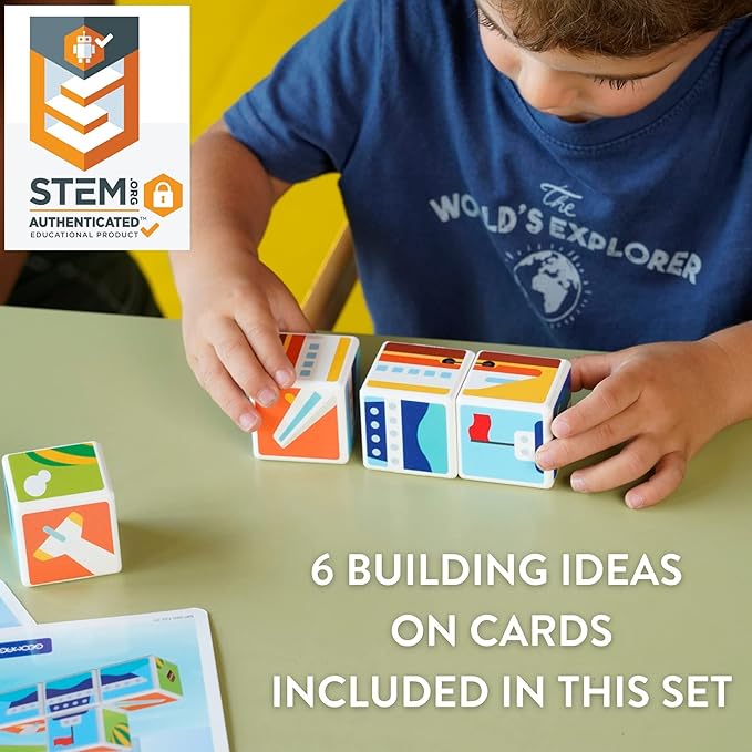 Geomag MagiCube Transport 4-Piece Magnetic Stacking Cubes Building Set, Toddlers & Kids Ages 1.5 and Up, STEM Educational Toy, Swiss-Made, Creativity, Imagination, Learning, 6 Adorable Building Ideas