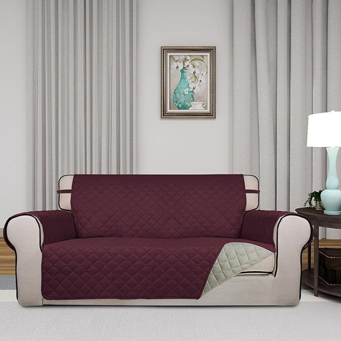 PureFit Reversible Quilted Sofa Cover, Water Resistant Slipcover Furniture Protector, Washable Couch Cover with Non Slip and Elastic Straps for Kids, Dogs, Pets (Oversized Loveseat, Wine/Beige)