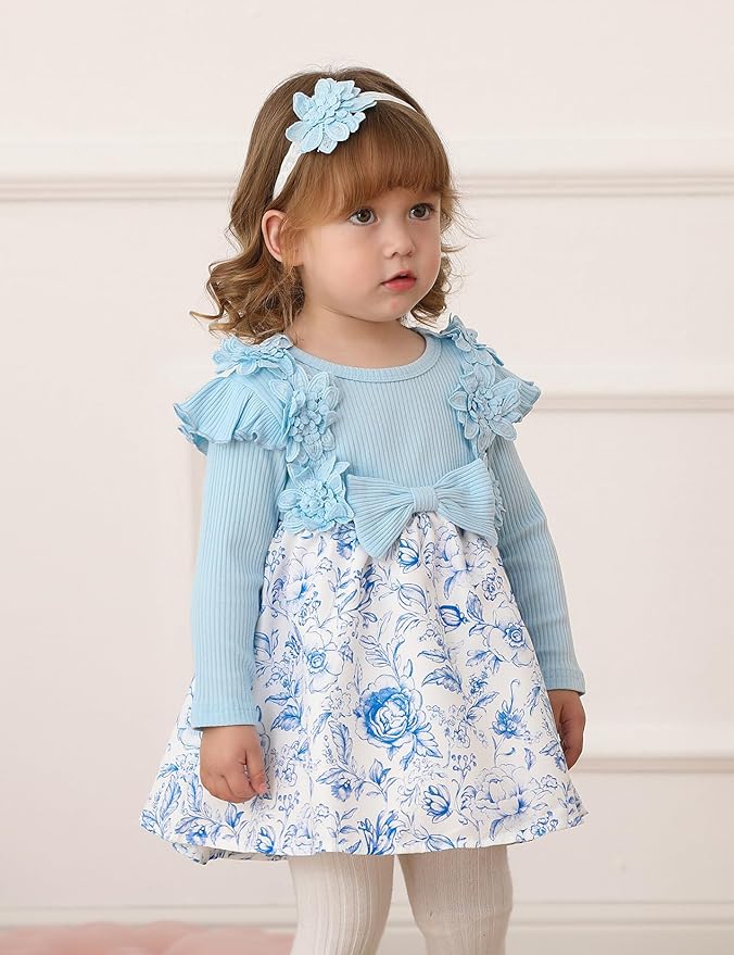 Baby Girl Dress Fall Flower Ruffle with Lace Headband Toddler Girls 3M-3T Infant Dresses Winter Baby Girl Clothes