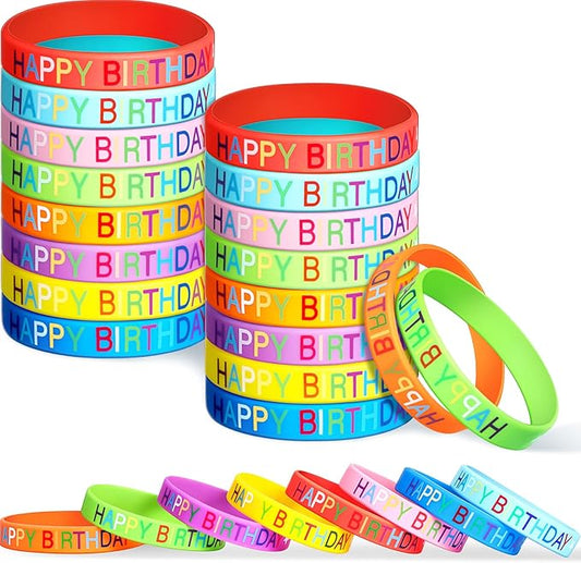 24 Pieces Happy Birthday Rubber Bracelets, Colored Silicone Stretch Wristbands Classroom Birthday Bracelets Party Favors Goodie Bag Stuffers for Teenagers Classroom Birthday Party Supplies