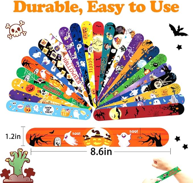 48Pcs Halloween Slap Bracelets for Kids, Trick or Treat Halloween Gifts for Party Favors, Classroom Prizes, Carnival Prizes,Halloween Goodie Bags (Halloween Slap Bracelets)