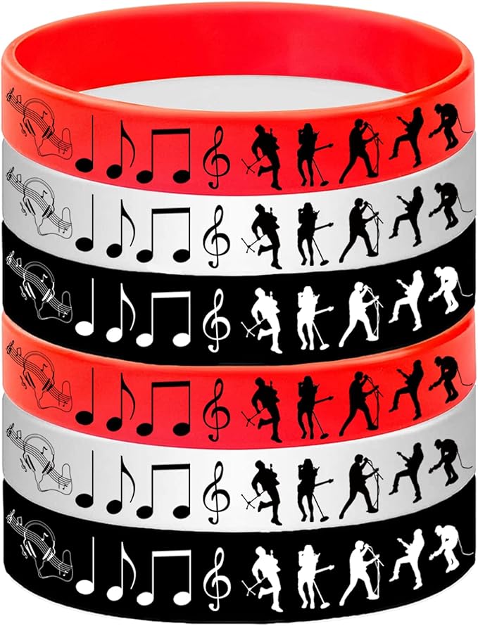 48PCS Rock and Roll Rubber Bracelets Silicone Wristbands -Rock and Roll Music Notes Party Supplies Decorations Guitar Audio Record Microphone Rap Birthday Baby Shower Party Favors