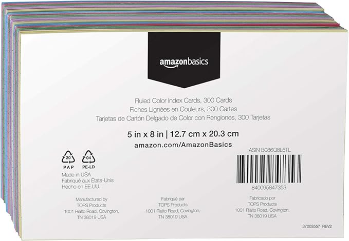 Amazon Basics Ruled Color Index Cards, 300 Count/Cards, Assorted, 5 x 8 in