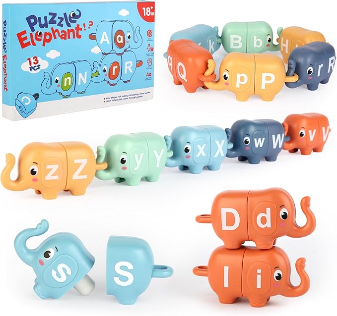 13PCS Elephant Alphabet Learning Toys for Toddlers 2-4, Toddler Preschool Learning Activities, Educational Montessori Toys for 2 Year Old, Double Sided Matching Game A-Z