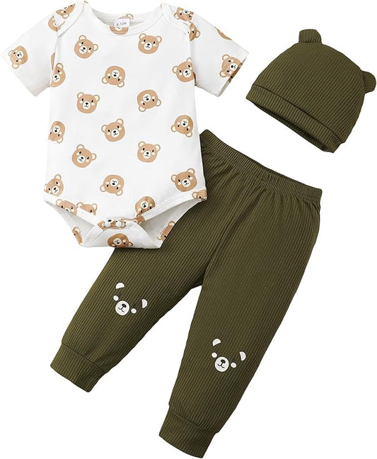 SUNNY PIGGY Baby Boy Clothes Newborn Infant Boys Outfits Romper Hat Pants 3PC Set 0-3 3-6 6-12 12-18 Month Clothing Gift