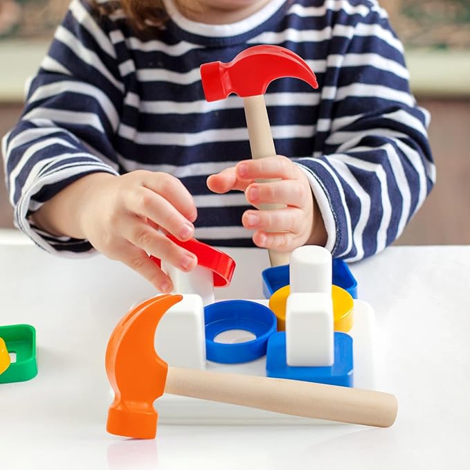 2 Pack Wooden Hammer Toys Simulation Hammers Maintenance Tools Educational Toys for Kids Birthday Party Games Supplies (Red + Orange)