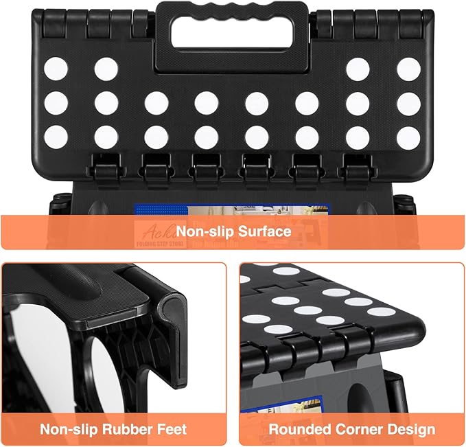 ACKO 6pack Folding Step Stool 16 Inch Stool 400 LB Weight Capacity Plastic Foldable Step Stools for Adults and Kids, Folding Stool Suitable for Kitchen, Stepping Stool with Handle Black Step Stool