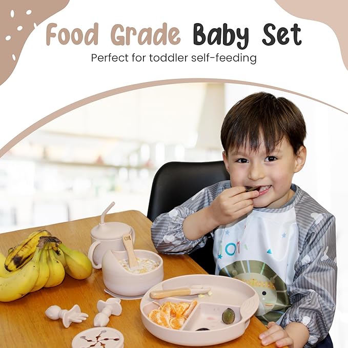 Silicone Baby Feeding Set, Eating Utensils with Suction Plate and Bowl, Baby Led Weaning Supplies, Toddler Self Feeding Dish Set with Waterproof Full Sleeve Bib, Spoon, 10pcs (Beige)