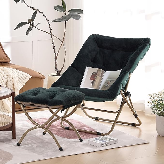 Comfy Saucer Chair with Ottoman, Oversized Folding Faux Fur Chair Soft Furry Lounge Lazy Chair with Metal Frame Moon Chair Accent Chair for Bedroom, Living Room, Dorm Rooms