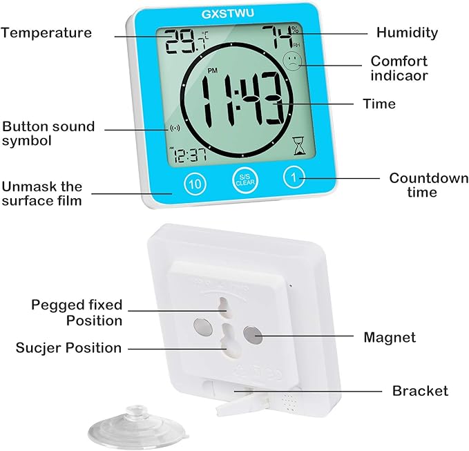 Digital Shower Clock, Bathroom Timer Clock, Waterproof for Water Spray, Count Up Count Down Alarm, Touch Screen Timer, Temperature Humidity, Wall Clock Magnet, Suction Cup, Hanging, Stand Blue
