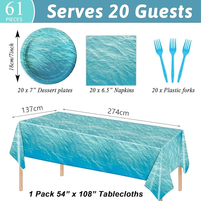 gisgfim Ocean Sea Birthday Party Supplies Ocean Waves Party Tableware Includes Ocean Birthday Party Plates Napkins Fork and Ocean Sea Theme Tablecloth for Birthday Parties Decorations Set Serve 20