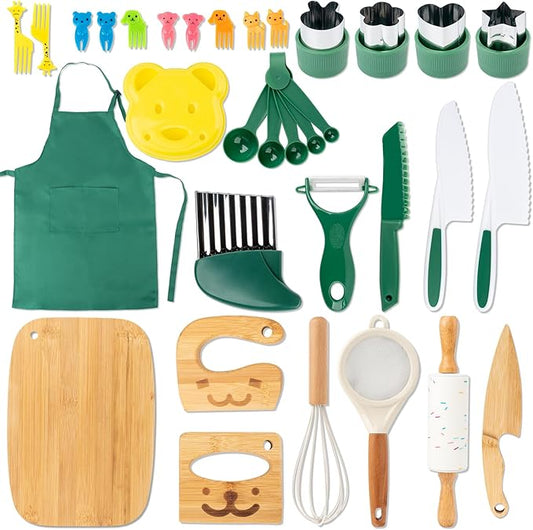 20 PCS Kids Safe Knife Set for Real Cooking, Montessori Kitchen Tools for Toddlers, Cooking & Baking Set for Kids Little Chefs, Kids Kitchen Knife Set, Crinkle Cutter, Kids Apron for Girls Boys